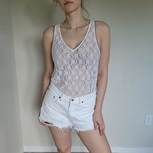 Sheer Sleeveless V-Neck Top w/ Lace Detail